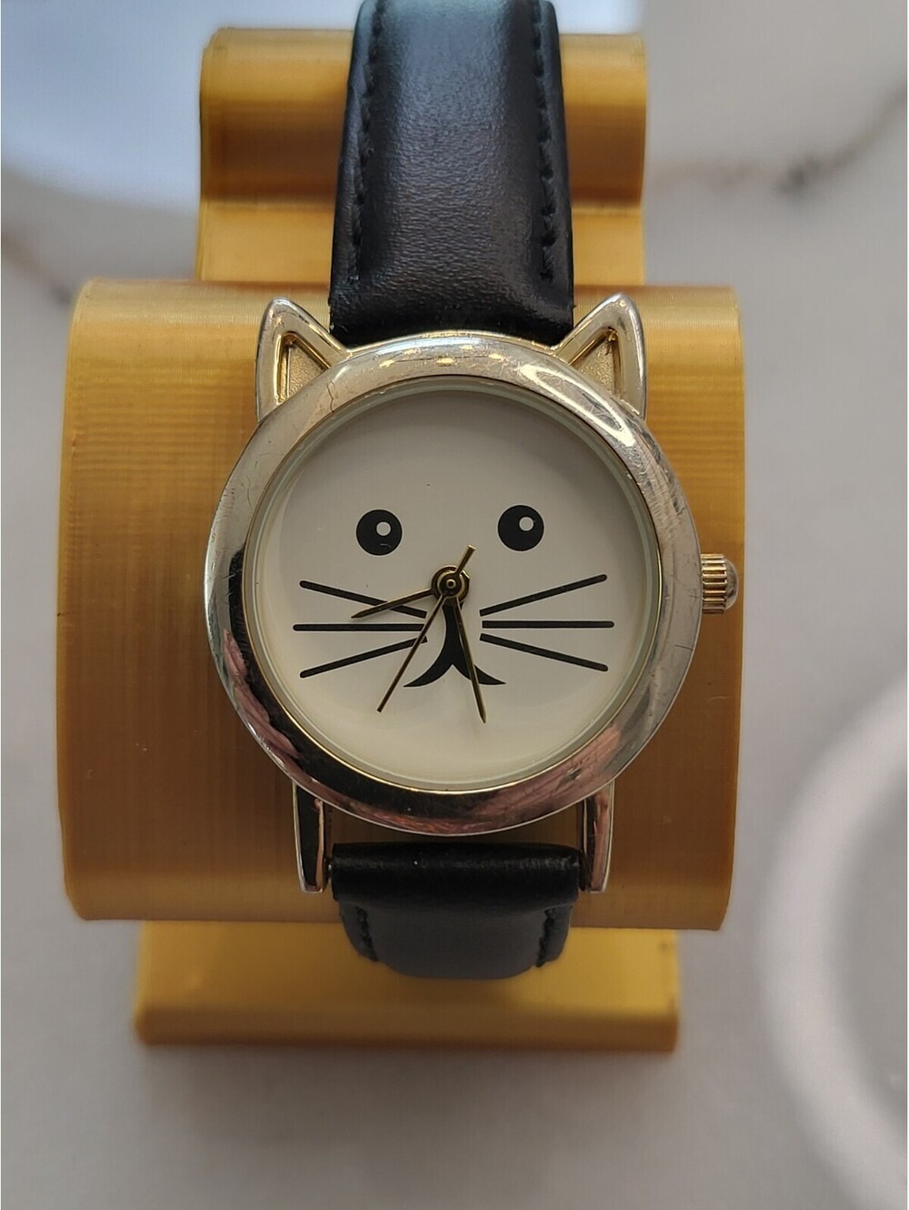 Kitty Cat Face Meow! Goldtone Blackband Quartz Watch New Battery Working 28mm